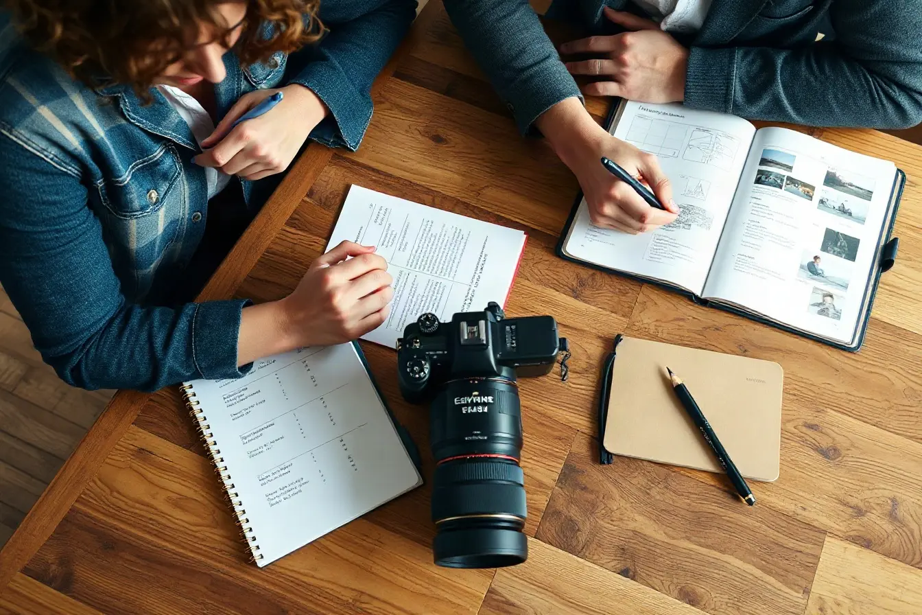 Creative producers reviewing a storyboard and shot list at a wooden table