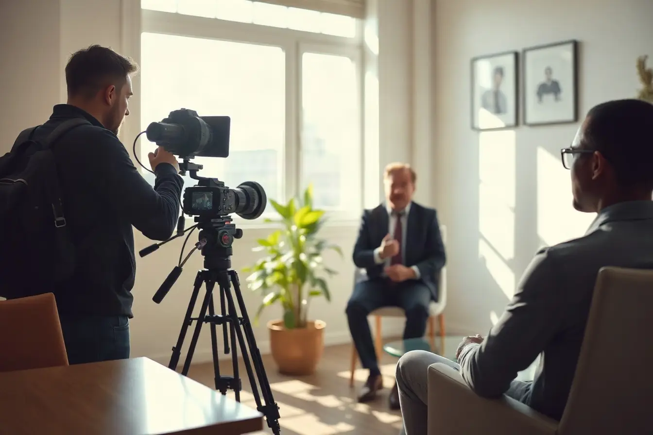 Small video crew filming a client interview in a sunlit San Francisco office